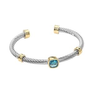Two Tone Cable Cuff Aquamarine Stone Bracelet